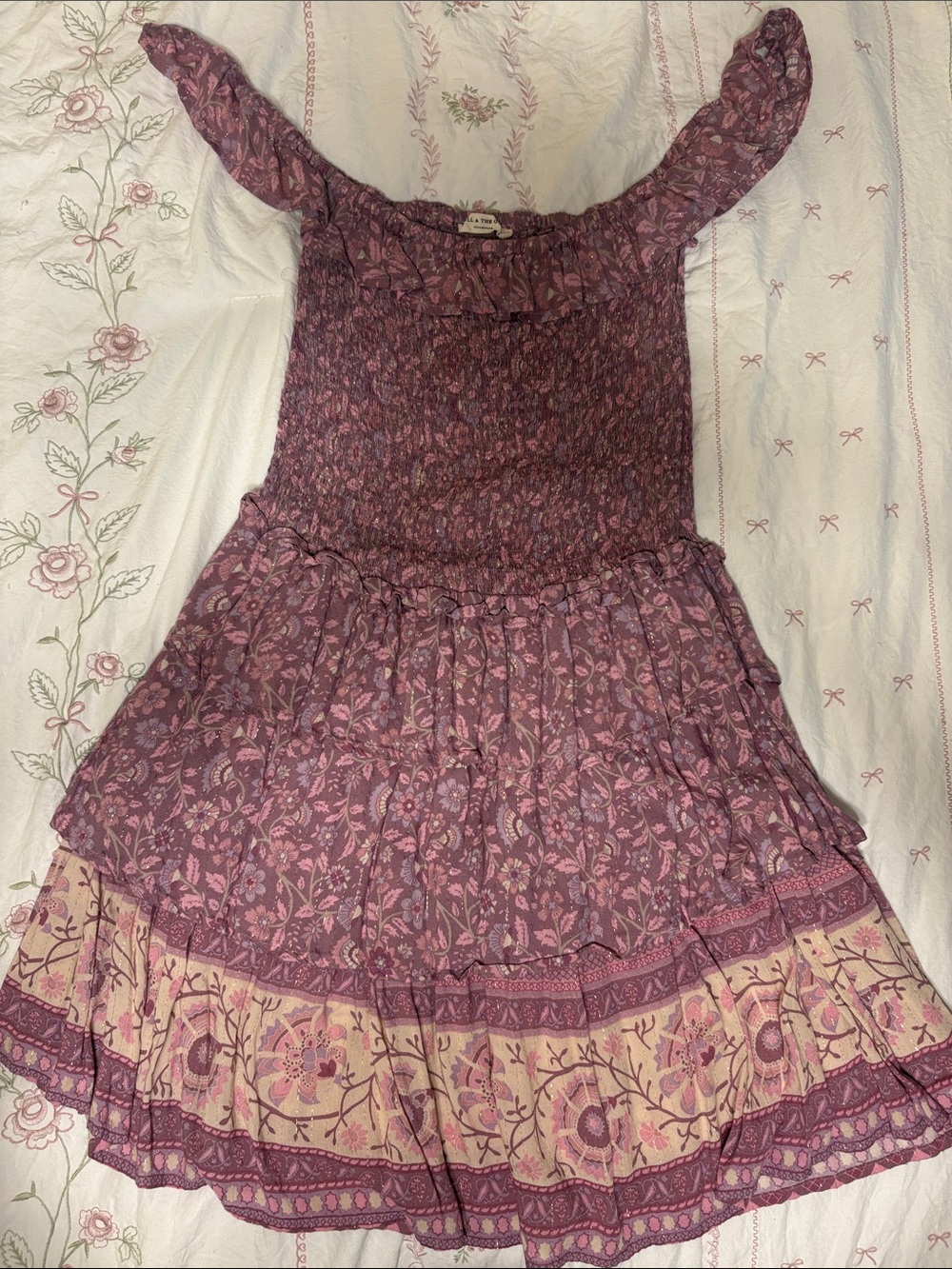 Spell Plum Floral Off-Shoulder Tiered Mini Dress